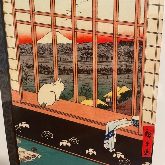 Ukiyoe Cat Japanese Art Print 12x15 Hiroshige Asakusa Rice Fields Black Frame - Picture 3 of 3